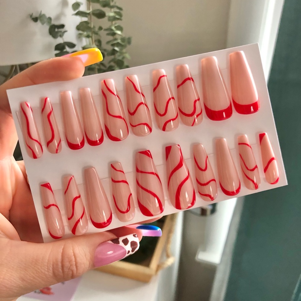 Red and nude long coffin nails